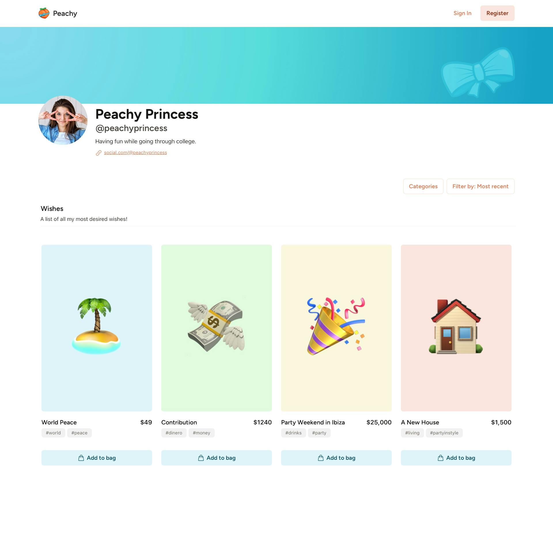 A profile page viewed as a creator with wish lists and wishes insides those lists